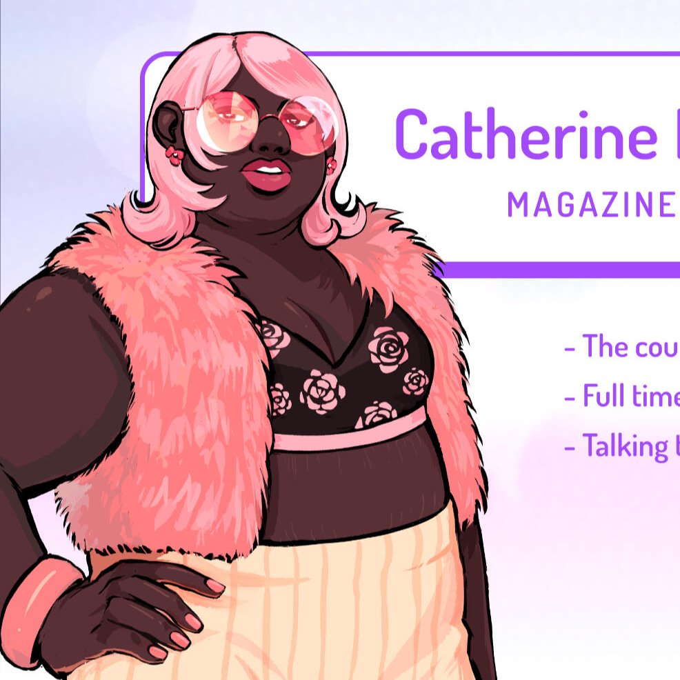 PatrickAbrazos's tweet photo. El siguiente fanart de #ValiDateGame es Catherine Pine, que ahora es mujer biológica, heterosexual y argentino-danesa. Es dueña de una revista de moda, pero a veces resiente que su trabajo le deje poco tiempo con sus hijos. Está pensando en vender la revista y ser ama de casa. Sus amigos le dicen "blanca nieves".