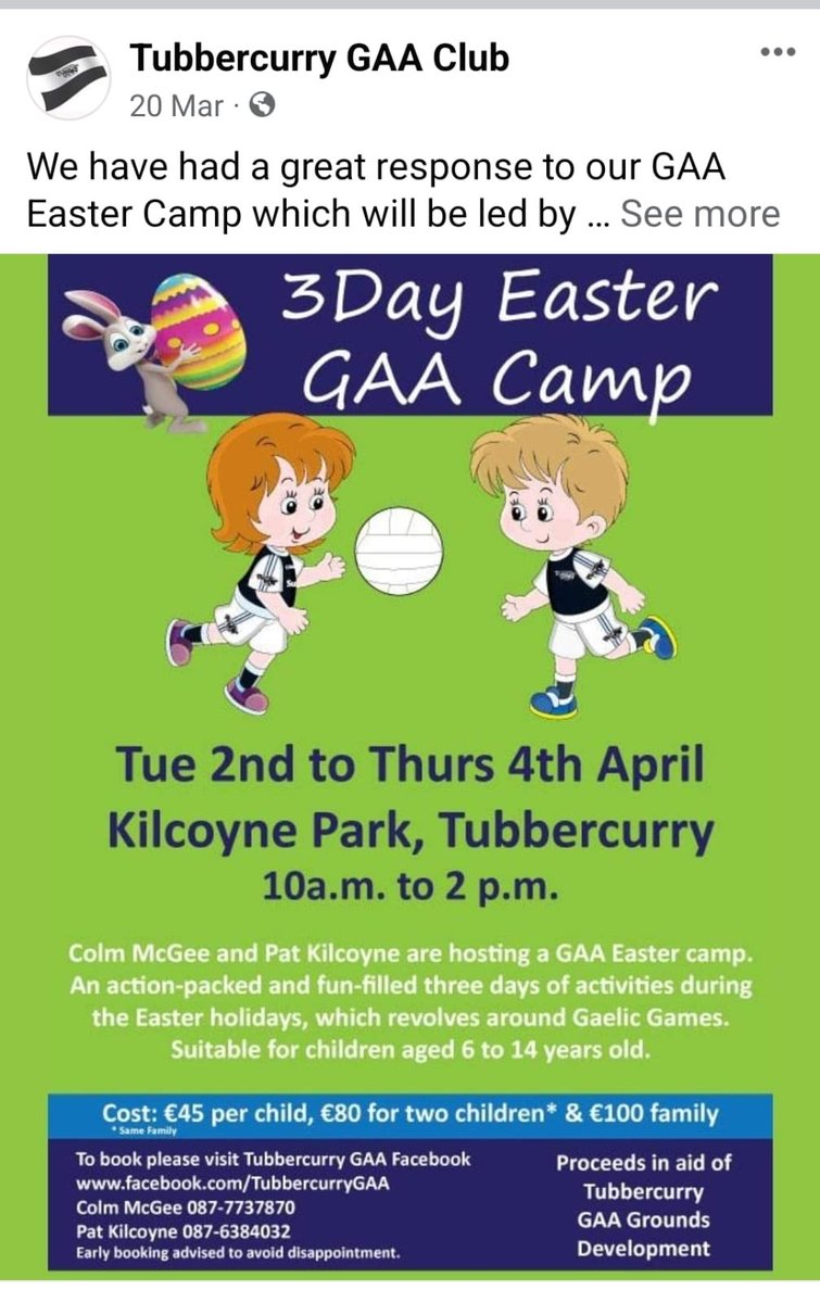Have fun in Kilcoyne Park next week. Pat Kilcoyne and Colm Magee are running a GAA Easter Camp from 10-2 each day. ⁦@Tubbercurry_GAA⁩