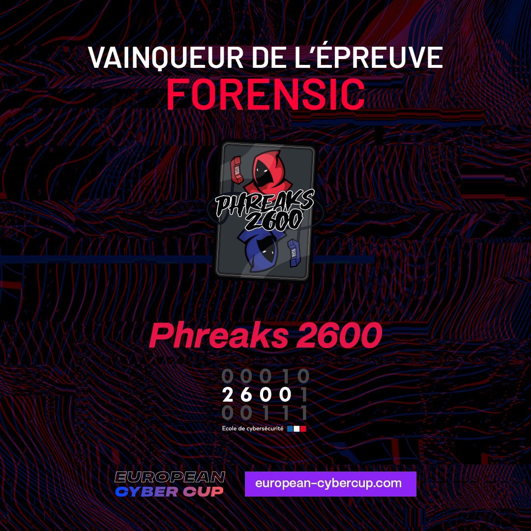 phreaks2600's tweet photo. Fin du premier jour de l’@EuCyberCup pour l’équipe et le coach (@_nwodtuhs) :
- Première place à l’épreuve de #Forensic 
- Deuxième place à l’épreuve de #Hardware 🚀

Stay tuned pour la suite de la compétition demain 👀 https://t.co/HgaCZqFzBy
