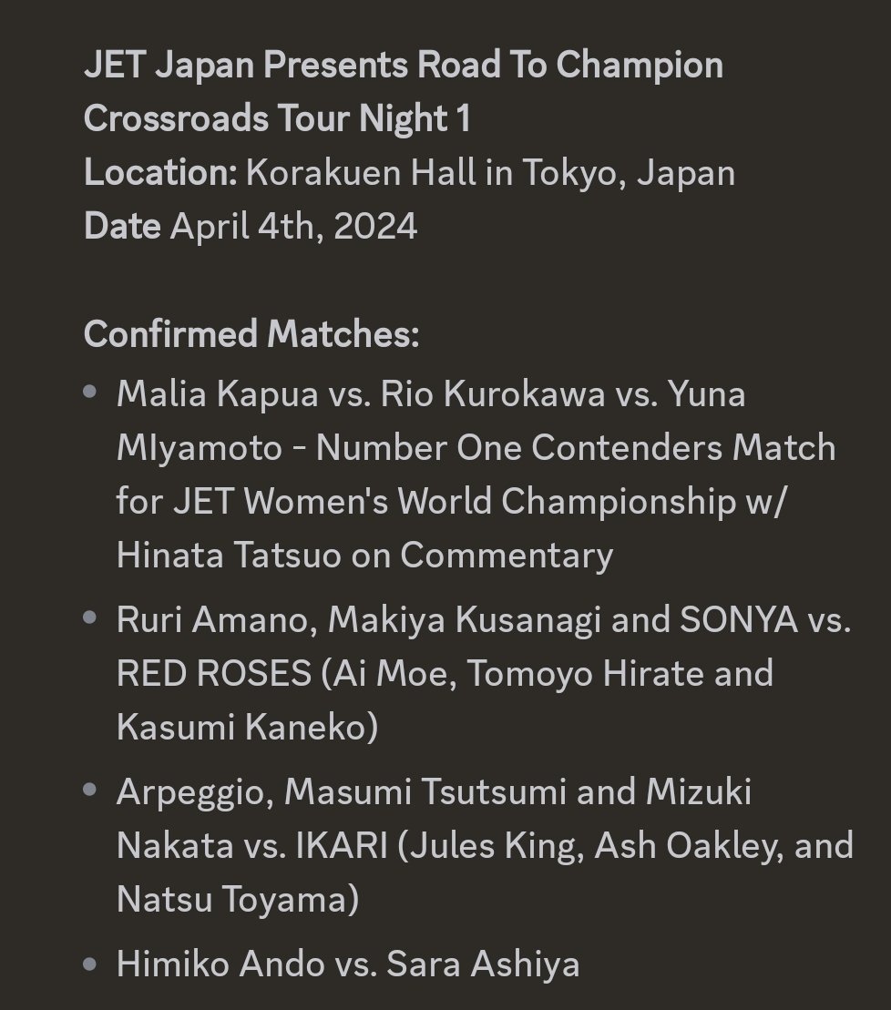 I'm happy to team with <a href="/BattleshipSonya/">SONYA</a> again, in addition with <a href="/KuzunohaRuri/">『天野 ルリ』Ruri Amano</a> against the Red Roses!

Regardless how I felt after #RISEGP2024 let everyone down, I'll not let down this team!

#pw_JET #JETJapan