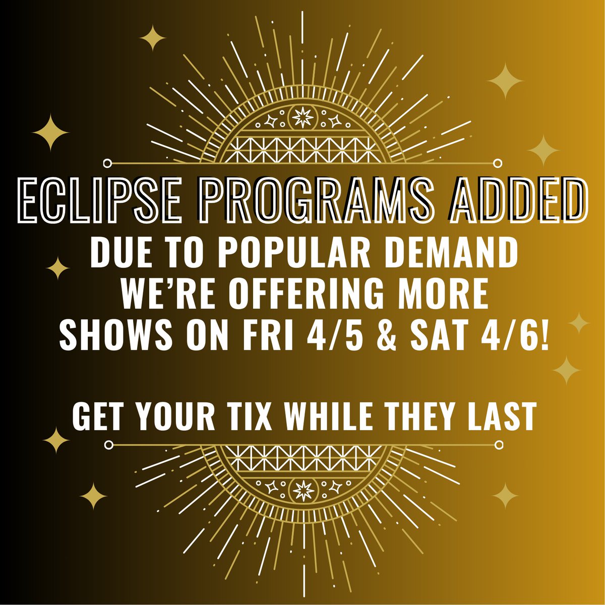 WFPlanetarium's tweet photo. Our eclipse programs are selling out fast, so we have just added several more showings on April 5 &amp; 6! Tix as always at https://t.co/rBnRDpQvIa https://t.co/vtqDCq6Aw8
