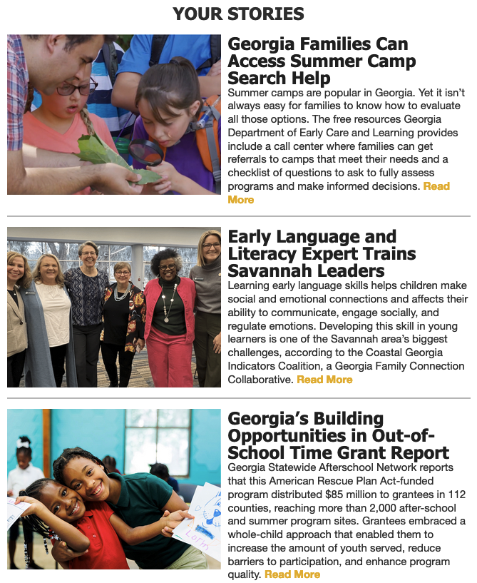 GetGAReading's tweet photo. Our Campaign Updates include how we can take action to ensure that kindergarten functions as a “sturdy bridge” between the early years & early grades, how families can find the best summer camps, new data centered on child well-being & more. https://t.co/1UOX5SjHrl #GetGAReading https://t.co/cAFvKq1PN7