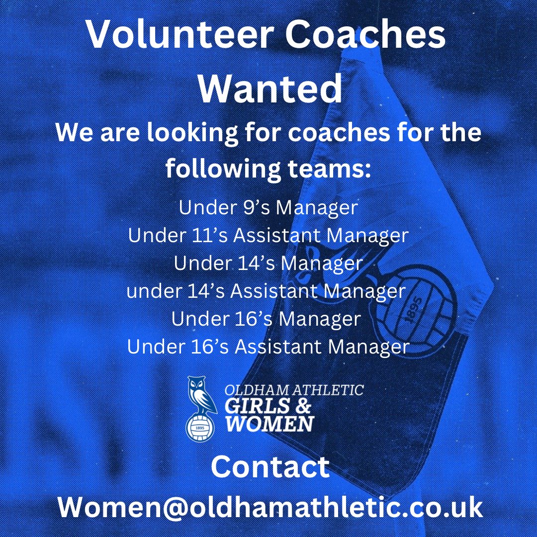 🚨 Volunteer Coaches Wanted 🚨 Interested? Email: Women@oldhamathletic.co.uk #OAWGFC | #OAFC