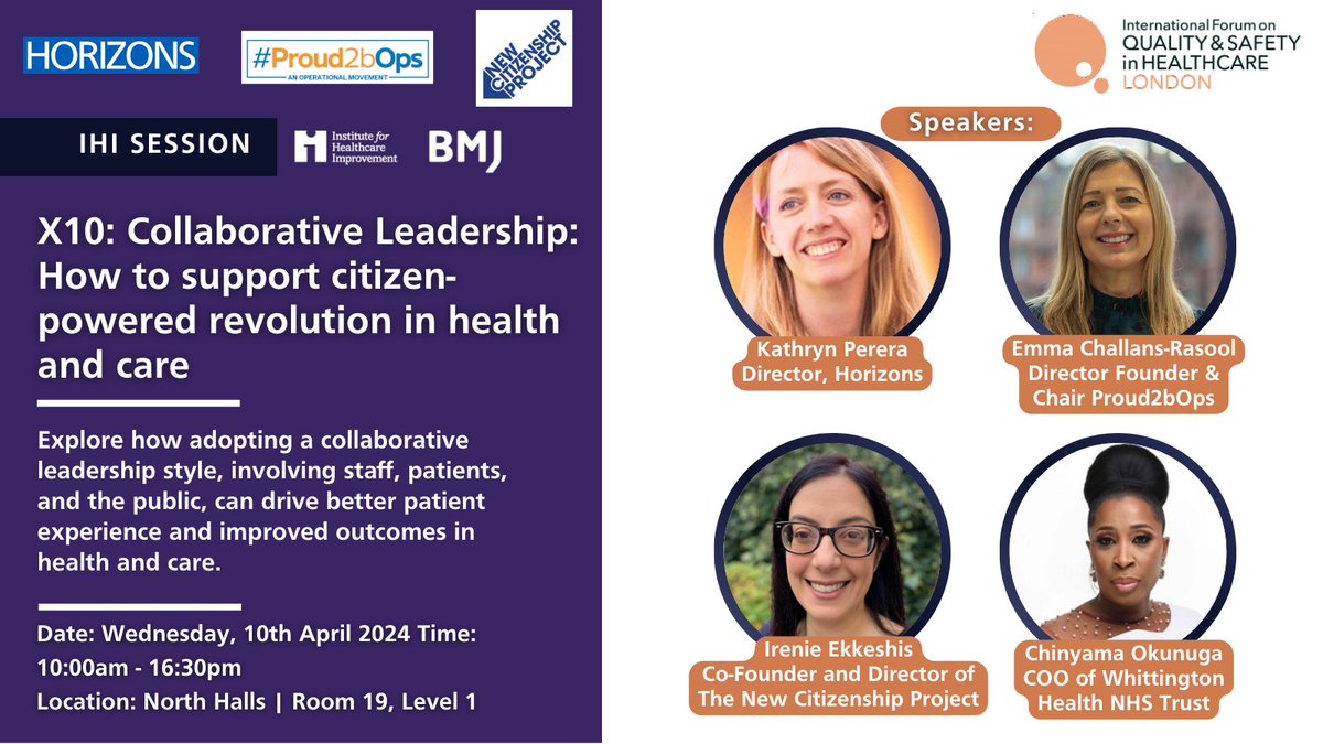 Heading to this years @QualityForum in London? Don't miss out on this incredible session brought to you by @HorizonsNHS @Proud2bOps & @NewCitProj on how to support a citizen powered revolution in health & care 💫 Sign up 👉: internationalforum.bmj.com/london #IHIForum #Quality2024