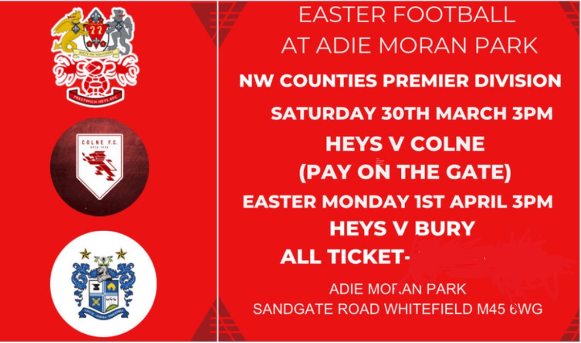 It’s a big Easter weekend at Heys as we host <a href="/Colne_FC/">Colne F.C.</a> on Saturday (3pm) before welcoming <a href="/buryfcofficial/">Bury Football Club</a> on Easter Monday (3pm). Two huge games so come and get behind the lads as they push for the play-offs.