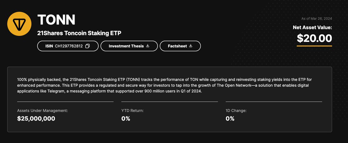 _TOBTC's tweet photo. 21Shares debuts #Toncoin staking ETP #TONN on SIX #Exchange :
21Shares’ #Toncoin staking ETP, one of the first TON ETPs in the world, is debuting trading on the SIX Exchange under the ticker symbol TONN.
According to the TON Foundation, users typically need at least 600,000 TON ($2.9 million) to qualify for staking, but users are allowed to join forces and pool their assets together.

With 21Shares, investors will be able to enjoy the benefits of staking Toncoin without the technical complexities associated with TON staking. Instead, they will have the convenience and liquidity of traditional financial markets, the announcement notes.
#Bitcoin #BTC #Crypto #LQR #LaqiraProtocol