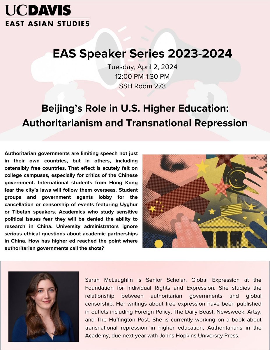 Next Tuesday I’ll be at @ucdavis to talk about China, transnational repression, and U.S. higher ed. Looking forward to the discussion!