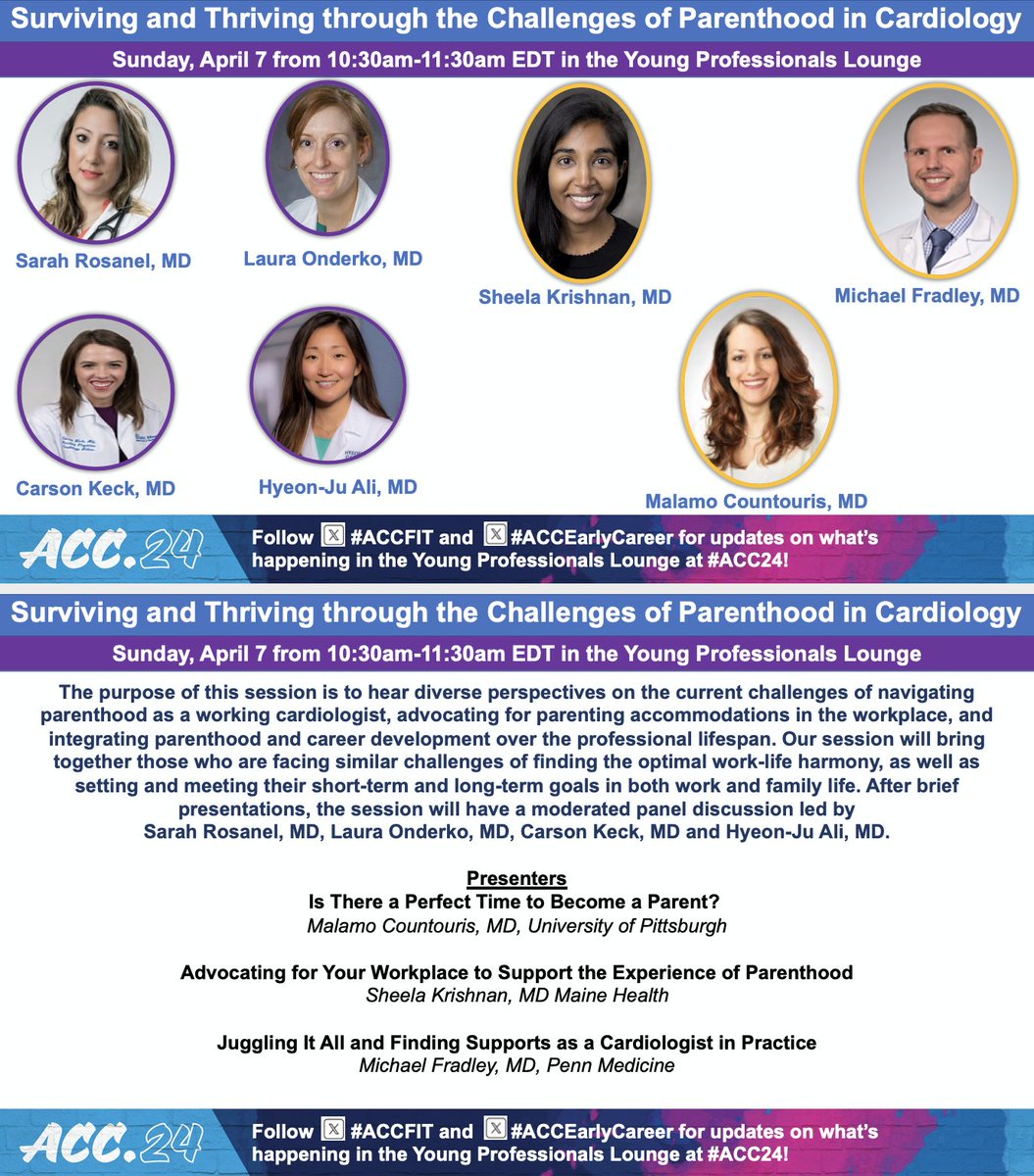 Nosheen Reza, MD, MS (@noshreza) on Twitter photo ⭐️ Surviving & Thriving Through the Challenges of Parenthood in Cardiology
⭐️ 4/7, 10:30a-11:30a
⭐️ Drs. <a href="/DrRosanel/">Dr. Sarah (Rosine) Rosanel, MD, FACC</a>, Onderko, <a href="/CarsonKeckMD/">Carson Keck</a>, <a href="/HJRyooAli/">Hyeon-Ju (HJ) Ali, MD</a> facilitate discussions on parenthood, workplace supports, time management w/@sheelakrishmd, <a href="/malamo512/">Malamo Countouris</a>, <a href="/Dr_Mike_Fradley/">Mike Fradley, MD</a>
#ACC24 ⭐️ Surviving & Thriving Through the Challenges of Parenthood in Cardiology
⭐️ 4/7, 10:30a-11:30a
⭐️ Drs. <a href="/DrRosanel/">Dr. Sarah (Rosine) Rosanel, MD, FACC</a>, Onderko, <a href="/CarsonKeckMD/">Carson Keck</a>, <a href="/HJRyooAli/">Hyeon-Ju (HJ) Ali, MD</a> facilitate discussions on parenthood, workplace supports, time management w/@sheelakrishmd, <a href="/malamo512/">Malamo Countouris</a>, <a href="/Dr_Mike_Fradley/">Mike Fradley, MD</a>
#ACC24