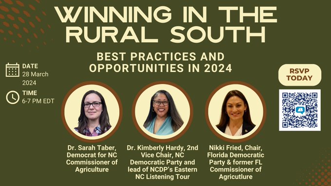 I am really looking forward to tomorrow night's event with the @NCDemParty candidate for Commissioner of Agriculture @SarahTaber_bww & @FlaDems Chair Nikki Fried! We're talking all things rural. Join us: secure.actblue.com/donate/taber-3… #ncpol