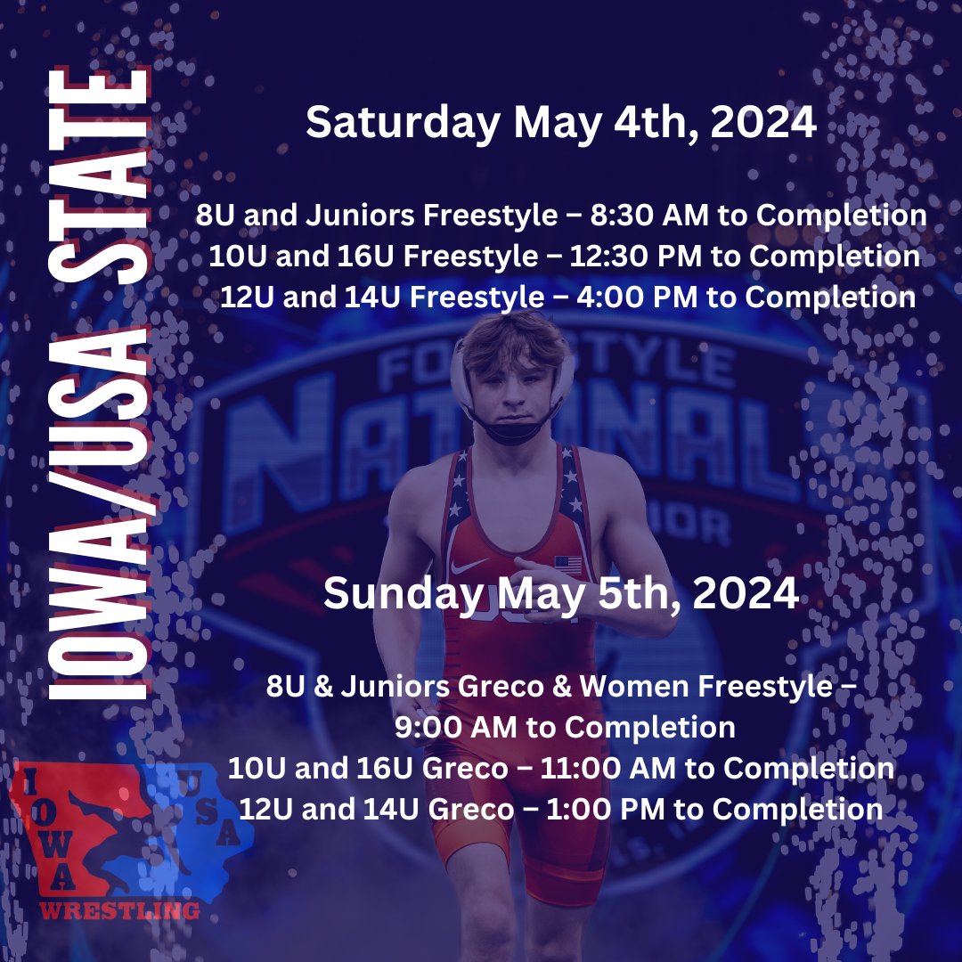 Iowa/ USA Freestyle and Greco State is just around the corner! Be sure to mark your calendar, get your hotel rooms, and get signed up! Make Sure you have an up to date USA Wrestling Membership! Find all the information here: usawrestlingevents.com/event/24001970…