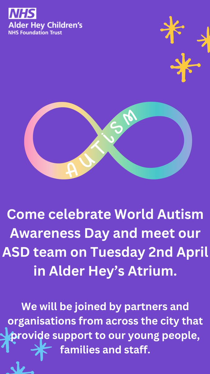 Next week is #AutismAcceptanceWeek we are organising lots of things at Alder Hey. Come and meet our team between 09.30 - 4 Programme to follow @LivPaCL8 @SeftonPcfNew @WitherslackGrp @StJulies @MaricourtCHS @Autism @ADDvancedSol @aimliverpool @YPASLiverpool @OSSME_AI @AlderHey