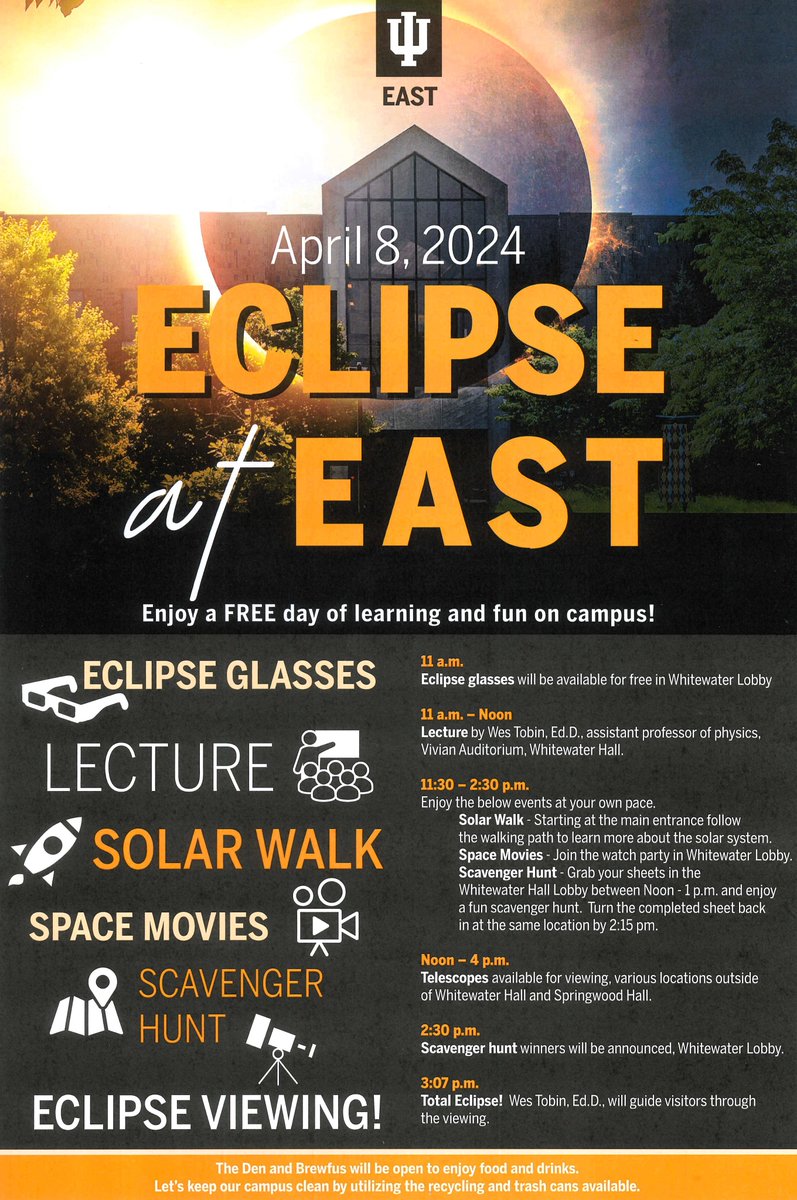Celebrate the 2024 full eclipse with @iueast MONDAY!! Starting at 11 a.m., lectures, movies, scavenger hunts, and a Solar Walk will be available before the eclipse at 3 p.m.! Don't miss out on this amazing event!! #iu #iue #iueast #Eclipse2024
