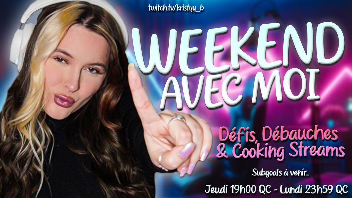 1 weekend avec moi en stream ✨ ça commence demain soir. 

stream sans arrêt, plein de défis et des beaux moments à passer ensemble. j’suis stressée parce que c’est la première fois que je fais ça mais j’ai pas mal hâte aussi 🤍

twitch.tv/kristyy_b
