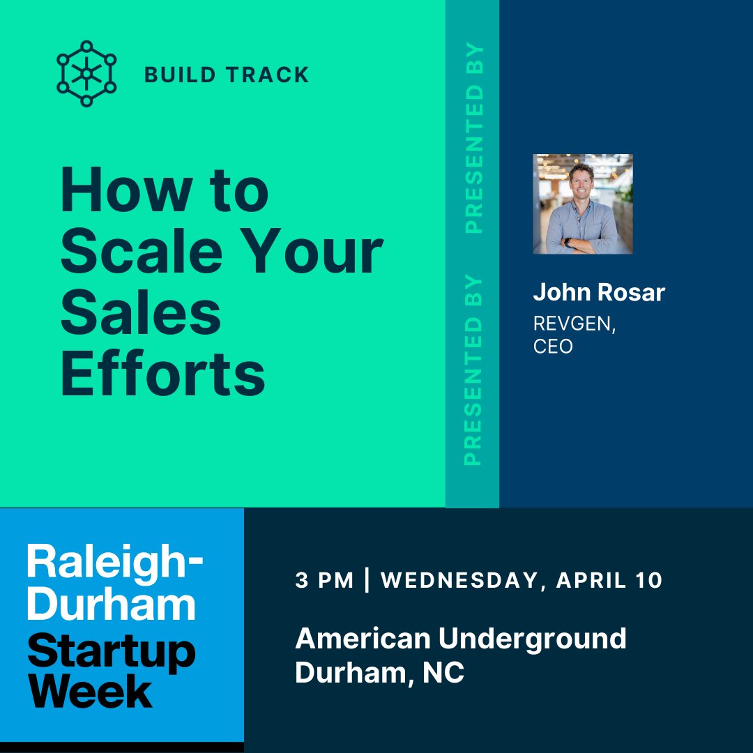Grow your sales efforts with this workshop led by John Rosar, CEO of REVGEN. Know when to hire, how to develop a sales strategy, when to delegate your strategy, & how to build efficiencies into your sales cycle.

Register today: raleighdurhamstartupweek.com

#rdsw2024 #yalltech