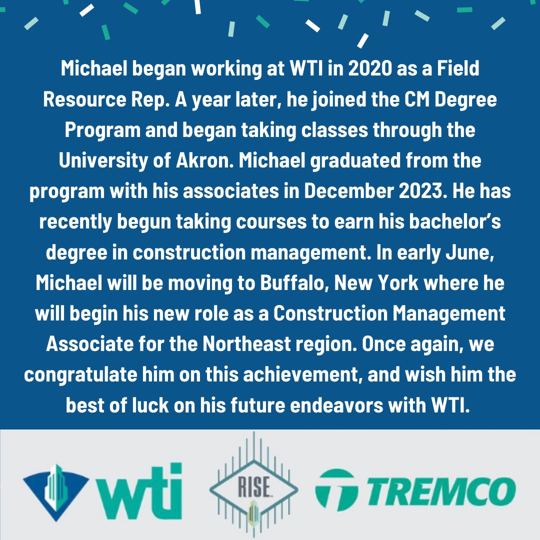 Congratulations to Michael on his recent promotion! We wish you the best of luck 🥳 #RISE #WTI #RISEwithWTI #TremcoCPG #UA #constructionmanagement