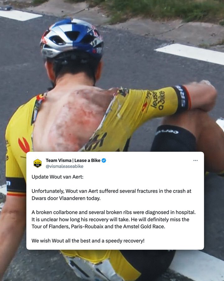 Wishing a speedy recovery to Wout van Aert after suffering a broken collarbone and broken ribs in the Dwars door Vlaanderen crash.