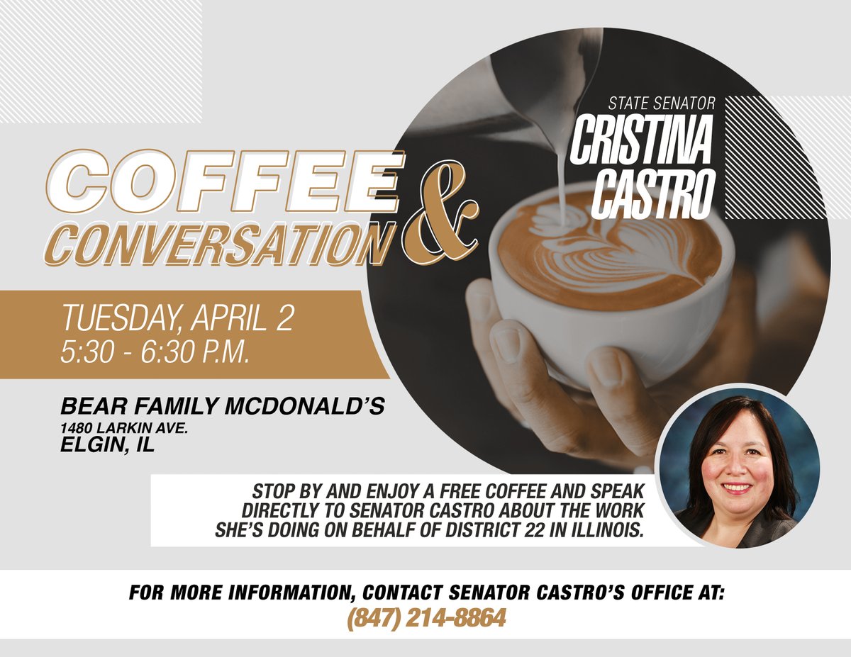 Don't miss tomorrow's coffee & conversation event! ☕ 🗓️ Tuesday, April 2 ⏰ 5:30-6:30 p.m. 📍 1480 Larkin Ave., Elgin (Bear Family McDonald's) 👋 Come have a coffee and chat!