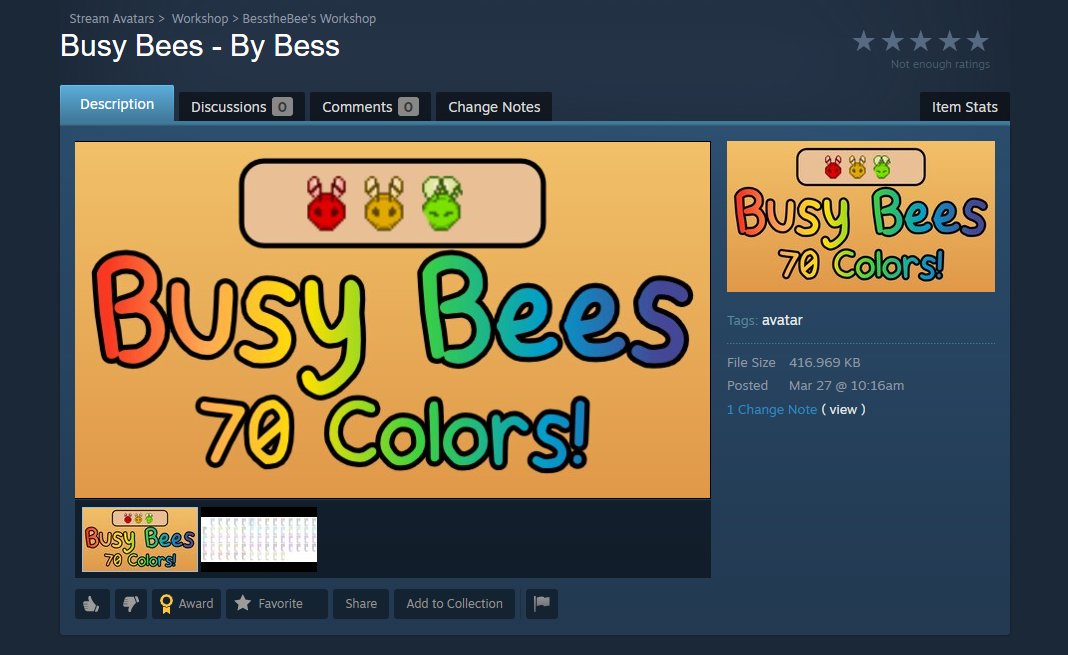 BessVT's tweet photo. MAY I PRESENT: BUSY BEES! 🐝✨🌟
A Streaming Avatars Pack available in the Steam Workshop NOW! FOR FREEEEEE
70 color options with 20 frames of animation each!~
https://t.co/YrTIyq7EDw
#vtuber #streamingavatars https://t.co/YRkZazFON1