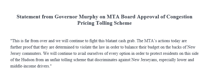 Statement from @GovMurphy on MTA Board's approval of Congestion Pricing Plan. @News12NJ @News12