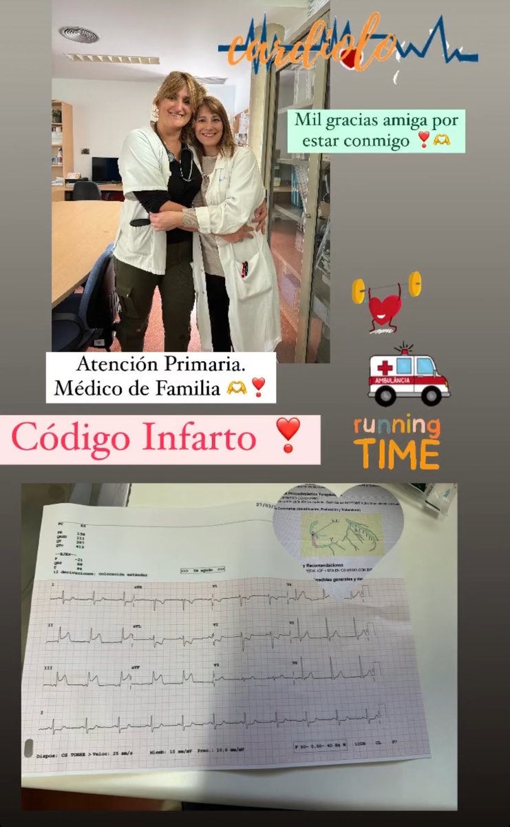 Centro de Salud a las 8:50 h de la mañana, varón de 54 años dolor torácico opresivo+irradiación a cuello+ espalda de 30 minutos + sudoración. Constantes + ECG📞112.Código Infarto ❤️‍🩹. 🚑Coronaniografia UCI. 💝Atención Primaria + 112+ Cardiología 🫀 💖👏🏼.El paciente en el centro ❤️