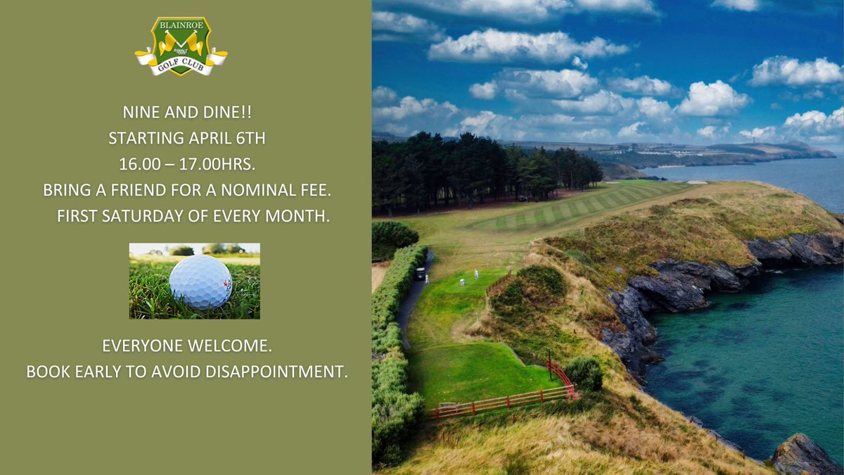 Come enjoy some social golf with our Nine and Dine offer ! 9 holes of golf followed by main course in clubhouse. Open to members (€15) and guests (€25). #comedine #blainroegolfclub