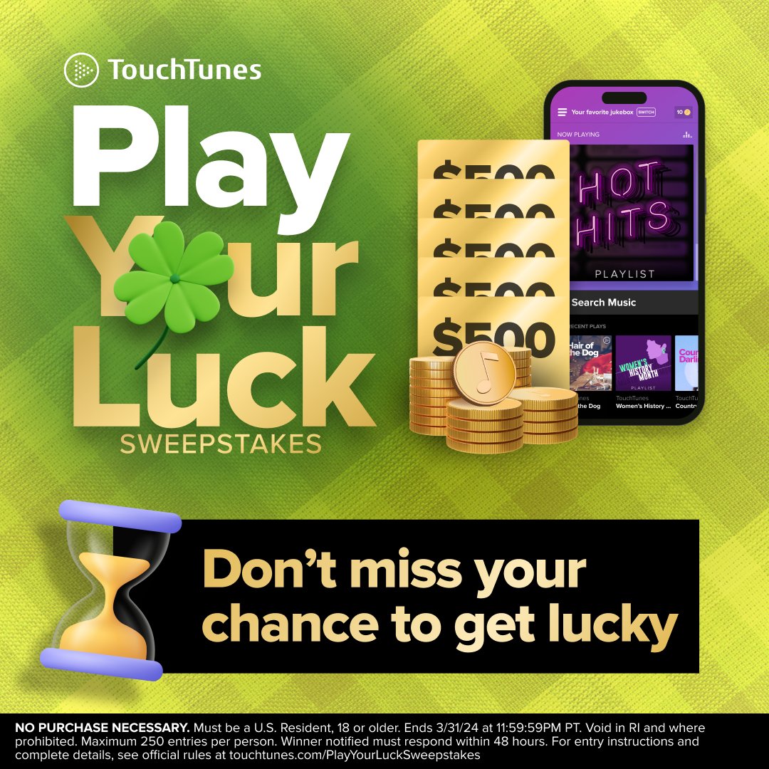 Time is running out for our Play Your Luck sweepstakes. 🍀💰⏰🏃🏃‍♀️ Play ANY SONG via the TouchTunes app to enter! ☘️ $500 gift card ☘️ 25 jukebox credits Get to a TouchTunes location and play! ▶️ NO PURCHASE NECESSARY Must be U.S. Resident 18 or older Official rules:'