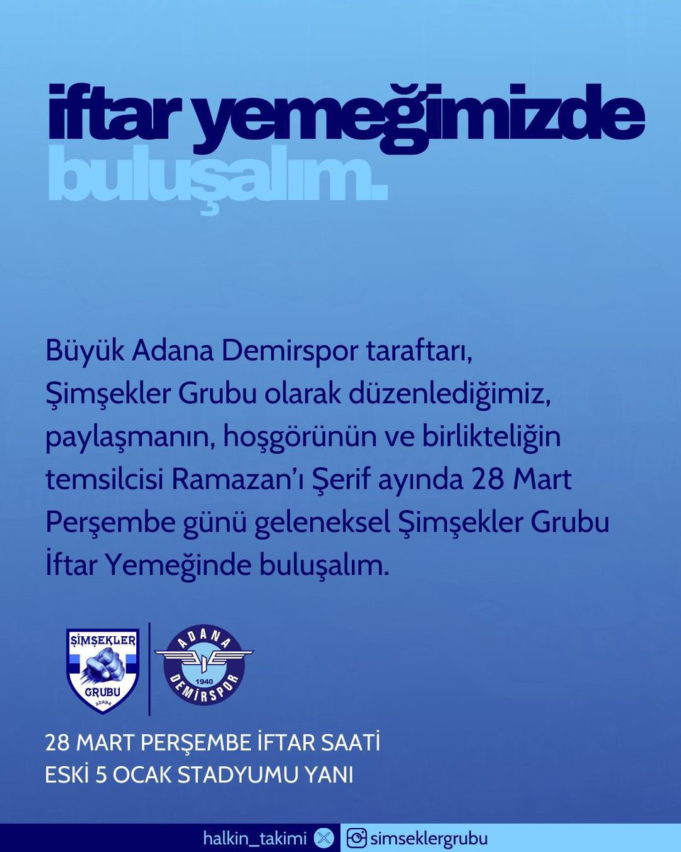 Perşembe günü eski 5 Ocak Stadyumu’nun yanında vereceğimiz iftar etkinliğimize tüm camiamız ve halkımız davetlidir.