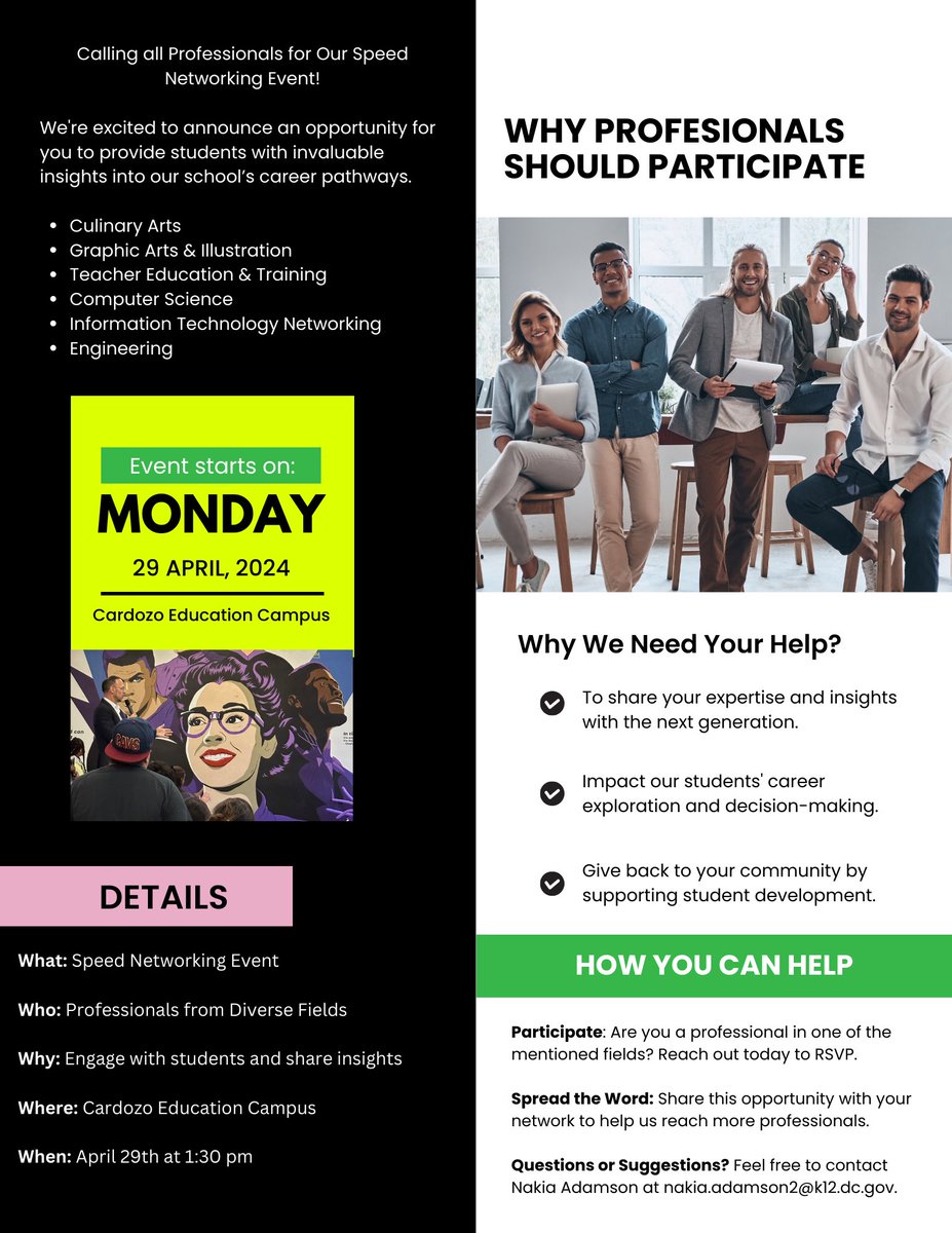 Cardozo EC (@cardozoec) on Twitter photo We are inviting EXPERTS to engage our students from diverse career feilds. We are hosting a Speed Networking Event for our school community so our students can gain insight to develop their post-secondary plans. See flier below for details. <a href="/XQAmerica/">XQ</a> <a href="/DcpsLab/">DCPS Design Lab</a> <a href="/dcpublicschools/">DC Public Schools</a> We are inviting EXPERTS to engage our students from diverse career feilds. We are hosting a Speed Networking Event for our school community so our students can gain insight to develop their post-secondary plans. See flier below for details. <a href="/XQAmerica/">XQ</a> <a href="/DcpsLab/">DCPS Design Lab</a> <a href="/dcpublicschools/">DC Public Schools</a>