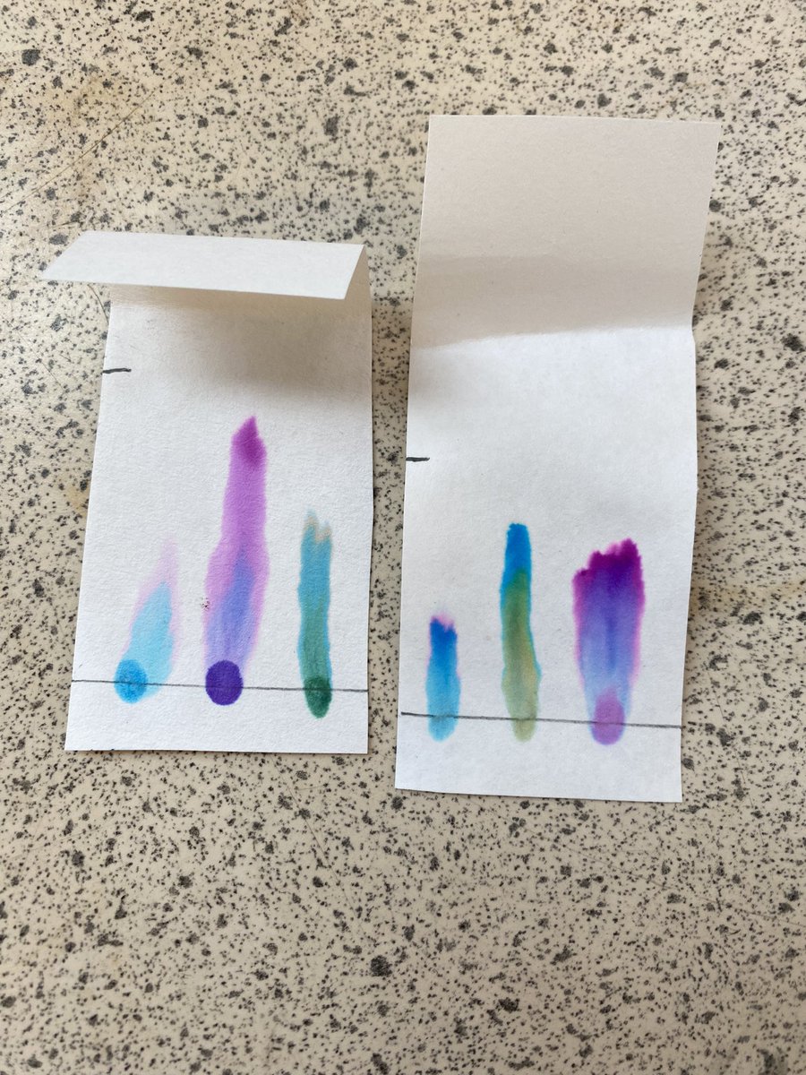 ArdAcadScience's tweet photo. Finishing higher chemistry in style with a wee chromatography experiment looking at the impact of changing the solvent on Rf value (to be measured tomorrow). Also an exercise in following the instructions #colour #chemistry #intermolecularforces https://t.co/qPWoiupqOw