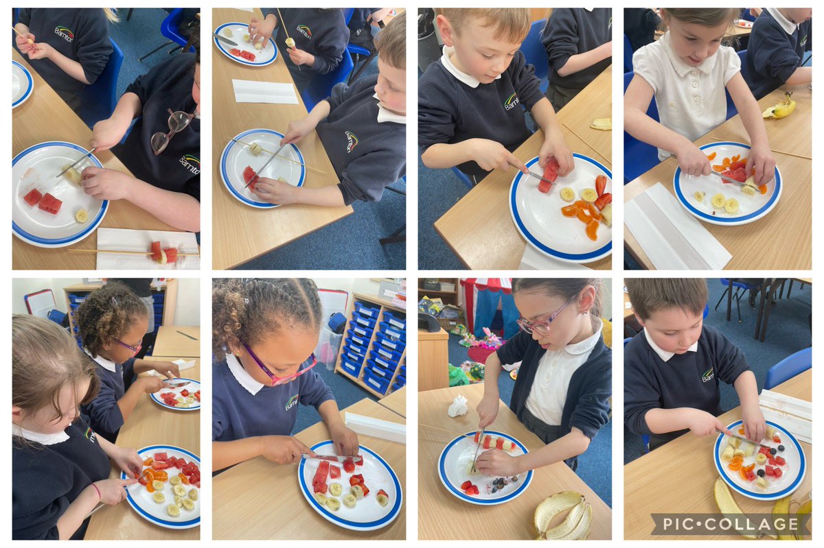 Year One have been working on carefully cutting with a knife to create their fruit kebabs today! 🍌 🍊 🍉 🫐🍓 @BarntonMissR