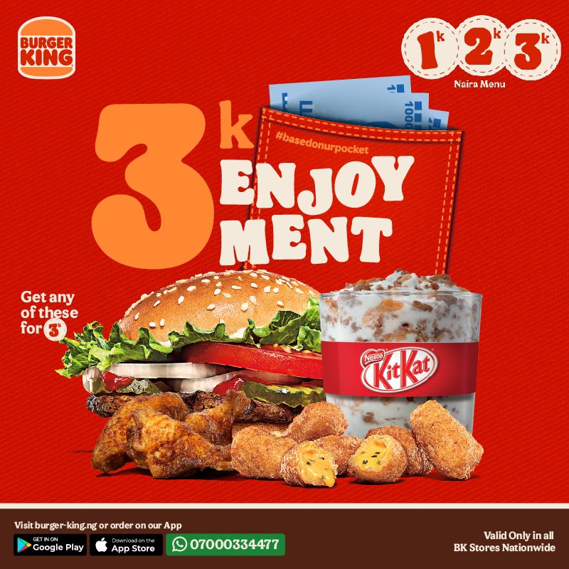 @bod_republic love in Lagos? as how na? When there's food available, I rather eat Burger king with just 3k.🤭 #basedonurpocket