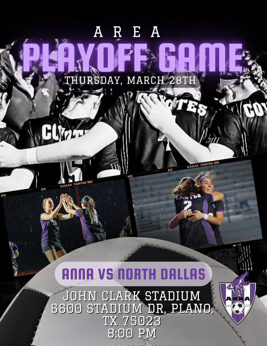 TOMORROW NIGHT! ⚽💜
The Lady Coyotes will be playing in ROUND 2 of the playoffs for the Area Championship! 🏆

Thursday, March 28 | 8:00 PM
vs North Dallas
John Clark Stadium
6600 Stadium Drive Plano, TX 75023

We'll see you there! 😎
#ironsharpensiron 
<a href="/ANNAISDsports/">ANNA ISD SPORTS</a>