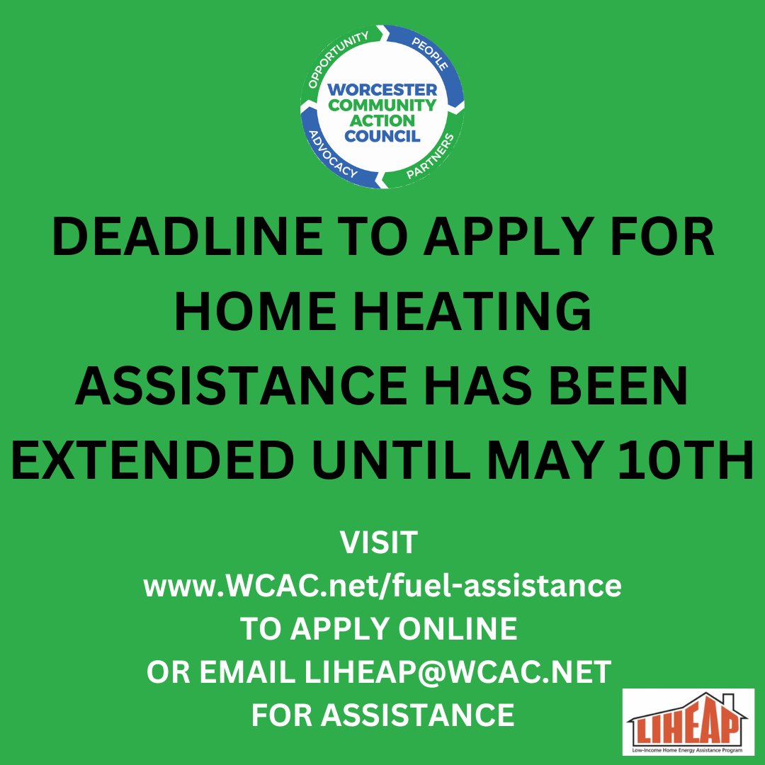 WCACinfo's tweet image. The deadline to apply for home heating assistance has been extended until MAY 10th. Visit WCAC.net/fuel-assistance to apply online or email LIHEAP@wcac.net for assistance. #HomeHeatingHelpIsHere #HomeHeatingHelpMA