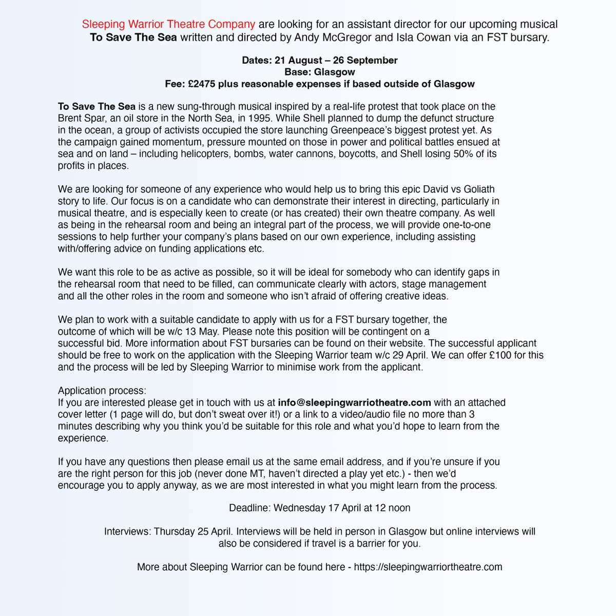 Happy #WorldTheatreDay2024 everyone! 

We are looking for a partner interested in directing musical theatre to apply to the FST bursary with us and hopefully work with us as an assistant director on our new musical. More details below (or here: sleepingwarriortheatre.com/to-save-the-sea )