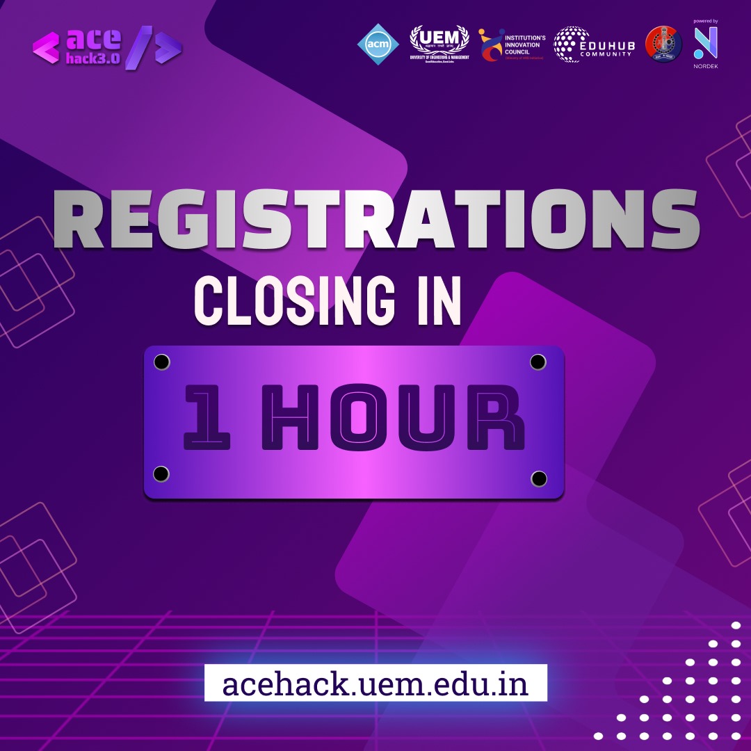 📢 Hurry up, hackers! Registrations for AceHack 3.0 are closing in just 1 hour! Don't miss your chance to be part of this epic hackathon. Join us now and unleash your creativity and innovation. Register here: acehack-3.devfolio.co 🚀 #AceHack3 #Hackathon