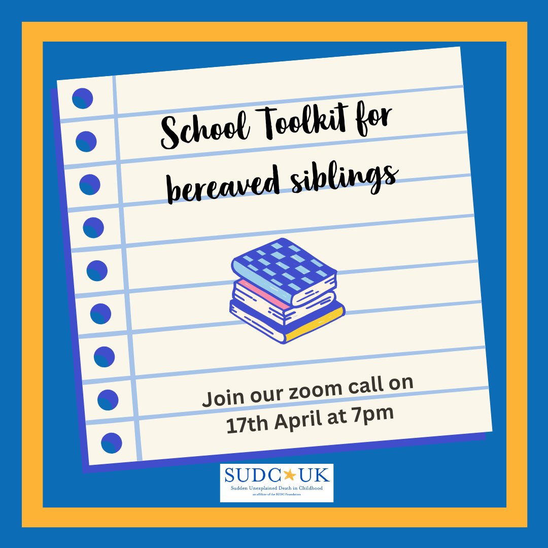 We will be creating a school tool kit to support SUDC-bereaved children in the UK. We're hosting a zoom call on 17th April at 7pm. We will be sharing our ideas and learning what is important to affected families. Please email info@sudc.org.uk if you would like to attend💙⭐️