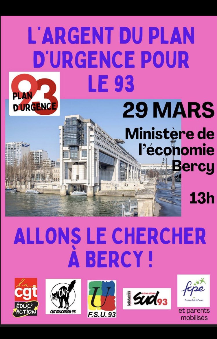 #SeineSaintDenis, vendredi #29mars à 13h : Allons chercher l'argent du #PlandUrgence93 à #Bercy.✊✊🏽✊🏿