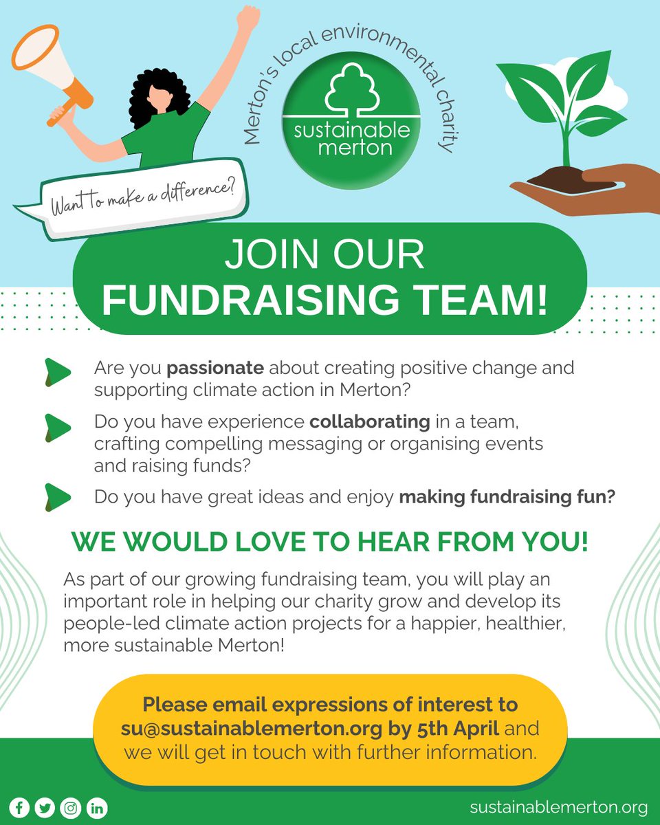 📣 Passionate about creating positive change and supporting climate action in Merton? 🌍 Skilled at crafting compelling messaging? 🖊️ Enjoy making fundraising fun? 😃

🌟 WE WOULD LOVE TO HEAR FROM YOU! 🌟

➡️ Email expressions of interest to su@sustainablemerton.org by 5 April!