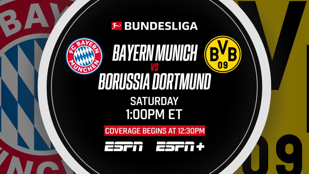 ESPN/ESPN+ for Bayern-BVB on Saturday. It starts at 12:30pm ET on Plus with ESPN joining at 1ET. KO 1:30pm ET Studio: ⁦@KayLMurray⁩ ⁦@AleMorenoESPN⁩ Pitch: ⁦@archiert1⁩ ⁦@arnefriedrich⁩ ⁦@ThomasHitz⁩ Comms Tribune: Stewart Robson with me. #FCBBVB