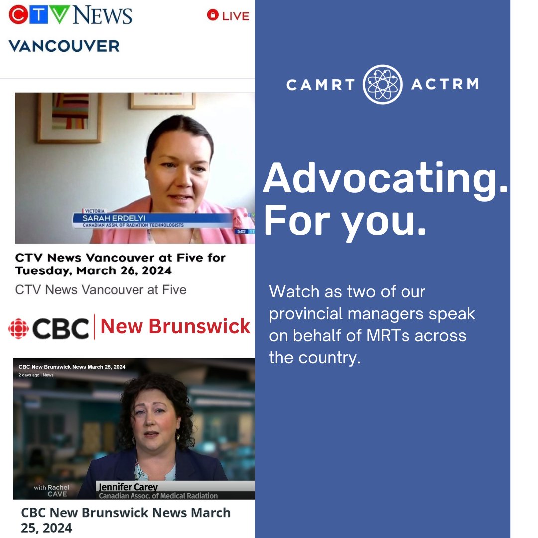 CAMRT is working hard to have the voices of MRTs heard wherever and whenever we can. Sarah Erdelyi, RTR and Jennifer Carey, RTR were both interviewed by media outlets. Sarah's segment: ow.ly/jOXW50R3v2Q Jennifer segment: cbc.ca/listen/live-ra… or cbc.ca/player/play/1.…