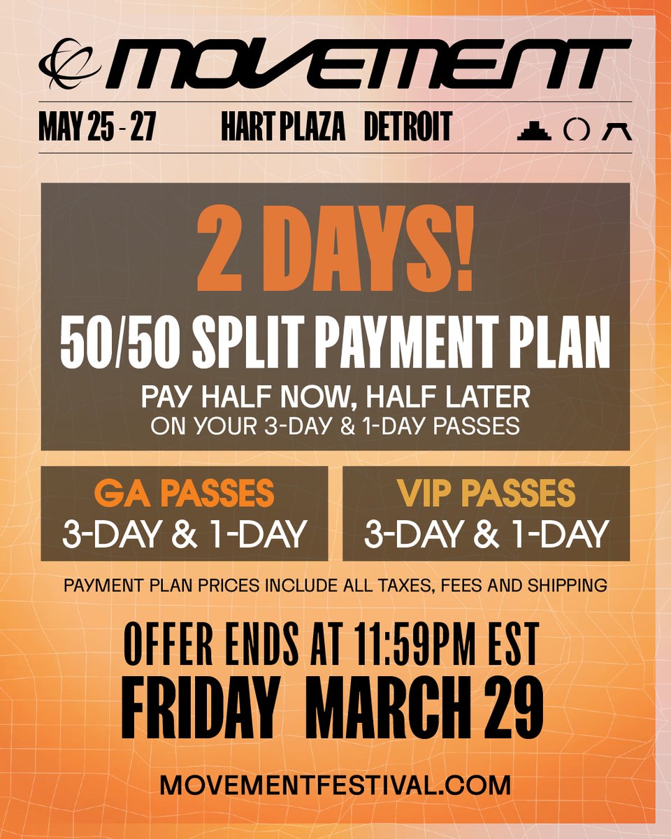 🔔 ICYMI: 2 days left to lock in your Techno City adventure with just 50% down! 50/50 split payment plan special ends at 11:59pm EST on Friday 3/29⁠. Head to movementfestival.com ✨ ⁠ ⁠ #Movement2024 #MovementDetroit #TechnoCity