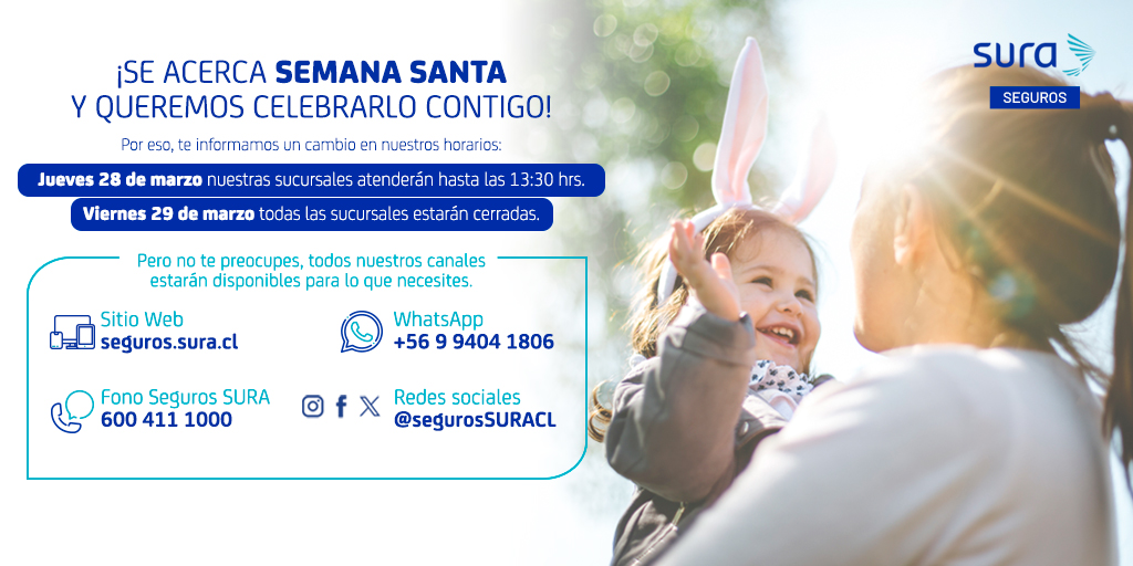 ¡Atención! 🚨 

Queremos informarte que durante el fin de semana largo, nuestras sucursales tendrán cambios en sus horarios, pero estaremos siempre conectados por nuestros canales de comunicación.

 ¡Gracias por tu comprensión! 🐰🌷
#semanasanta24 #HorariosEspeciales #segurossura
