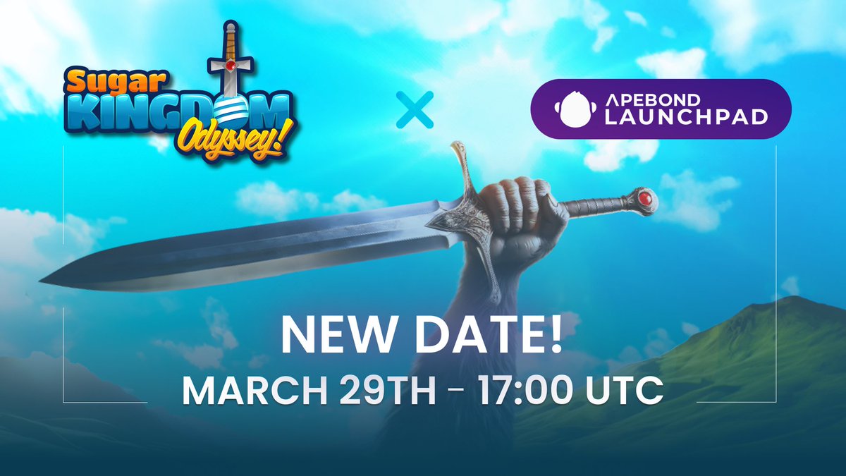🗓️ Our Launchpad debut with @SugarKingdomNFT has a new date! Mark your calendars: Our launch is now set for this Friday, March 29th, at 17:00 UTC. 🏰🍭 🍬 Read all the sweet details about the launch and how to participate, here 👉 apebond.click/SKO-Launch