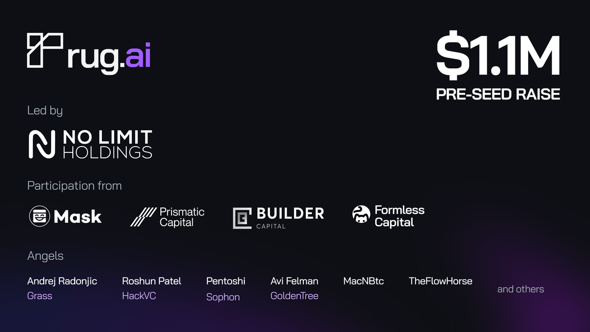 rug_ai's tweet image. We're excited to announce our pre-seed fundraise of $1.1M led by @nolimithodl.

With participation from @realMaskNetwork, @PrismaticCap, @BuilderVC, @FormlessCapital and many more... 🧵