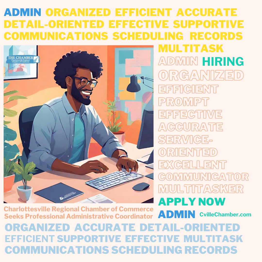 Team Chamber seeks a full time professional Administrative Coordinator who loves to keep things organized and support our local business community. 🔥 bit.ly/gr8admin24 Please share! #inpersonjob #hiringnow #admin #charlottesville #cville #albemarlecountyva