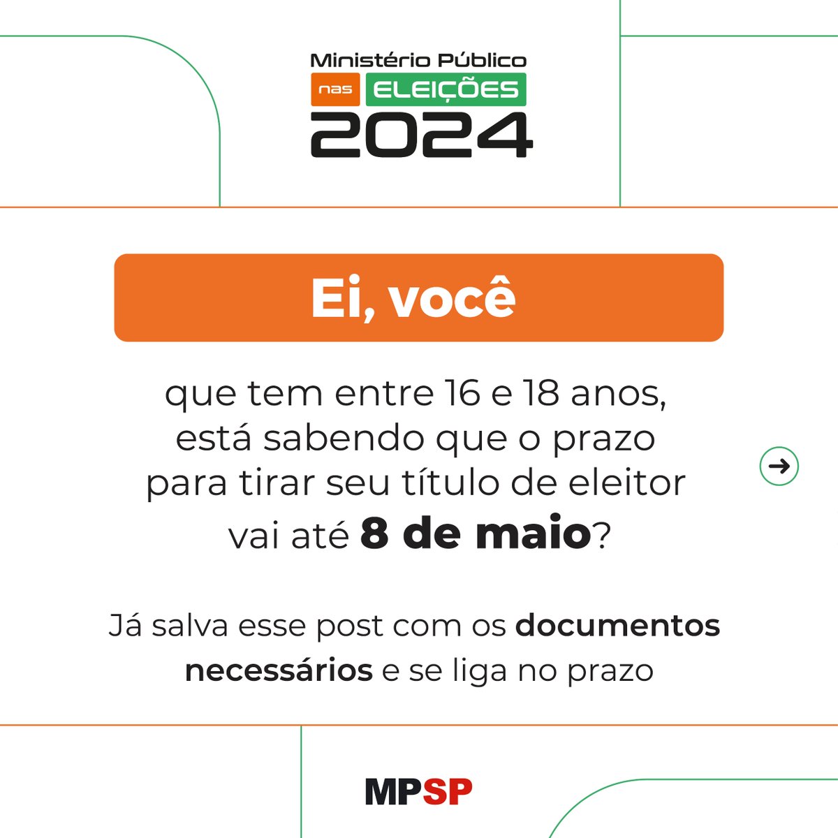 O primeiro turno das Eleições 2024 está marcado para dia 6 de outubro, mas  os eleitores têm até o dia 8 de maio para emitir a primeira via do título.  Se liga, image size:1200x1200