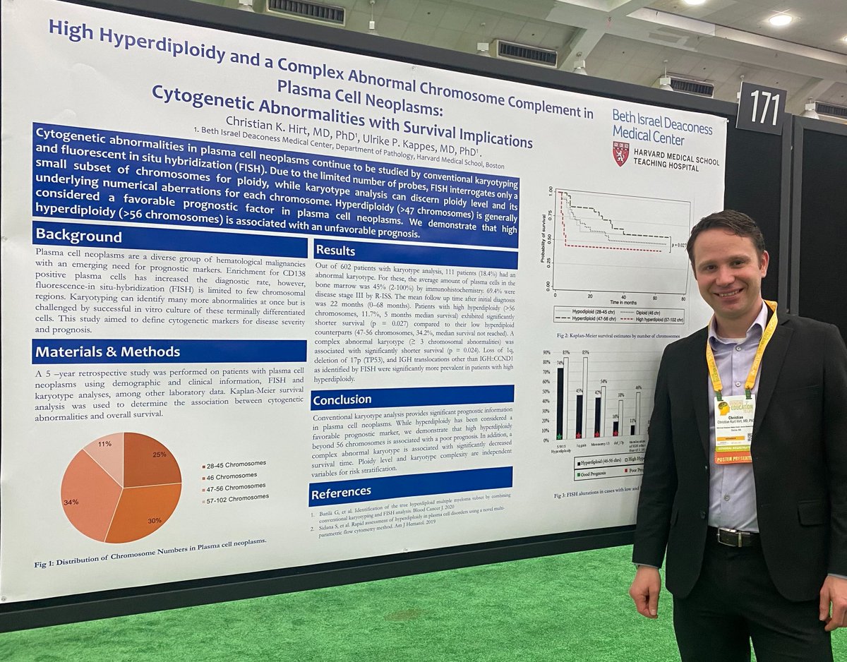 ▶️ Dr C. Hirt (@HirtChristian) with his poster at #USCAP2024 “High Hyperdiploidy and a Complex Abnormal Chromosome Complement in Plasma Cell Neoplasms: Cytogenetic Abnormalities with Survival Implications” This study was performed together with Dr. Ulrike Kappes, MD, PhD…