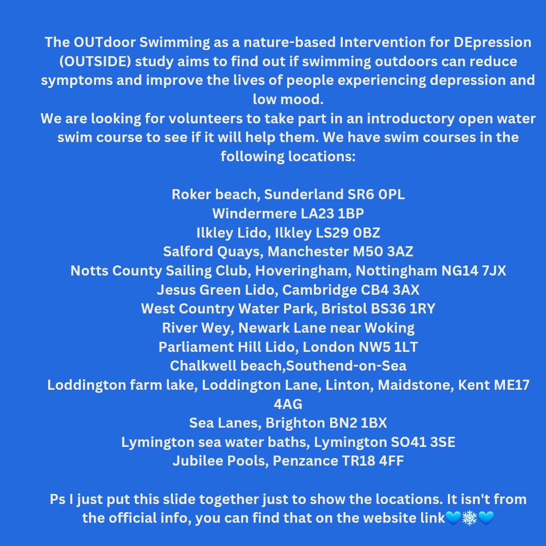 Hello, if you are based in any of the areas listed below &amp; you may wish to take part or if you work in a role where you can share with any individuals experiencing depression or anxiety, please head to outside2.co.uk 
#socialprescribing #wellbeing #outdoorswimming
