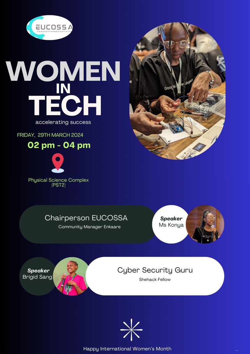In commemoration of International Women's Month we'll will be hosting a Women In Tech session this Friday❤️ The session is open to both gents and women We'll address concerns such as: As a woman in tech how to you accelerate to the top See y'all on Friday