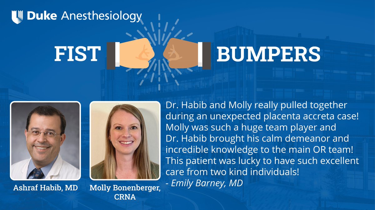 🤜🤛A #DukeAnesFistBump on this #WellnessWednesday from our Dr. Emily Barney (CA-3 @dukeanesres) to our Dr. Ashraf Habib @ashrafhabib5 and CRNA Molly Bonenberger.🔗VIEW the fist bumpers & SUBMIT a Duke Anesthesiology fist bump: anesthesiology.duke.edu/fist-bump. #ThankYouDukeHealth
